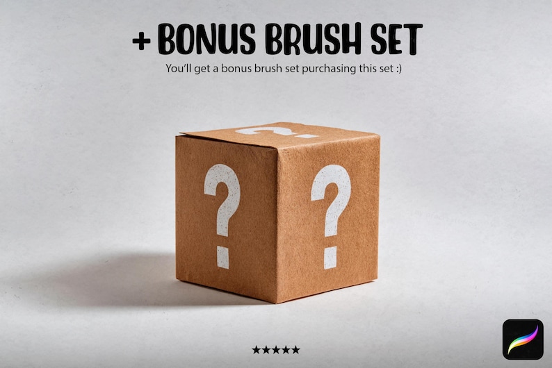 May include: A brown cardboard box with two large white question marks on the front. The text above the box reads "+ BONUS BRUSH SET" and "You'll get a bonus brush set purchasing this set :)". The Procreate app icon is in the bottom right.