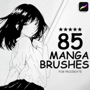 Puede incluir: Ilustración en blanco y negro de una mujer con el pelo largo. El texto dice "85 Manga Brushes for Procreate".