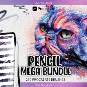 May include: A digital art bundle advertisement featuring a colorful illustration of a cat's face. The image includes pencils, a tablet with brush strokes, and the text "PENCIL MEGA BUNDLE" with "230 Procreate Brushes".
