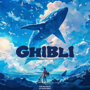 Op de afbeelding: Een digitale illustratie met een grote blauwe vinvis die door een helderblauwe lucht vol witte wolken en vogels zwemt. De tekst GHIBLI, AQUARELIA - GHIBLI INSPIRED DRAWING SYSTEM en FOR PROCREATE BY VOIDSCREEN is zichtbaar.