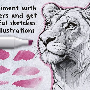 May include: A close-up of a lion's head drawn in pencil with a pink marker on the side. The marker is labeled "Experiment with markers and get colorful sketches and illustrations".