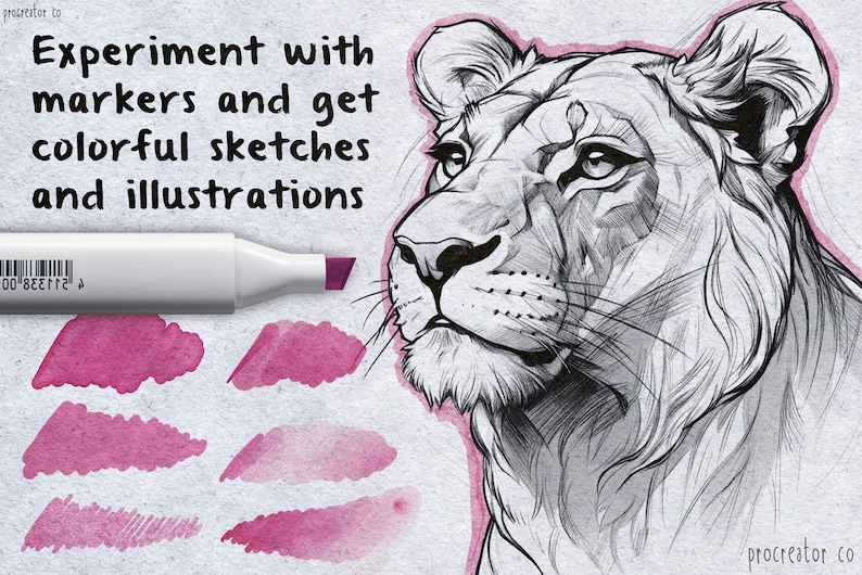 May include: A close-up of a lion's head drawn in pencil with a pink marker on the side. The marker is labeled "Experiment with markers and get colorful sketches and illustrations".