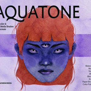 May include: A digital graphic featuring the text AQUATONE, Watercolor & Mixed Media Brushes for Procreate, and a central illustration of a person with orange hair, blue skin, and a third eye on their forehead against a purple background.