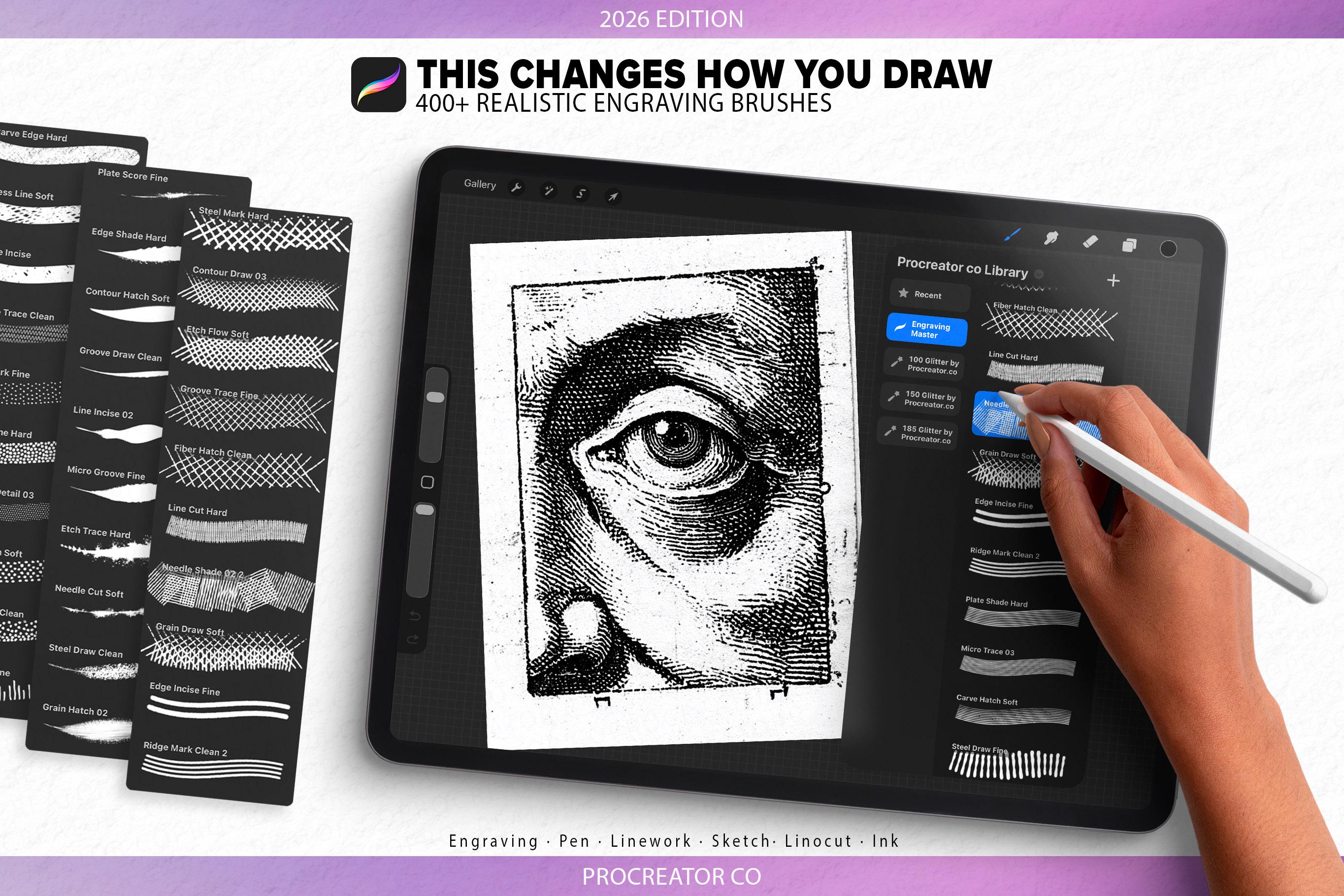 400+ Procreate Engraving Brushes | Realistic Linework, Crosshatching ...