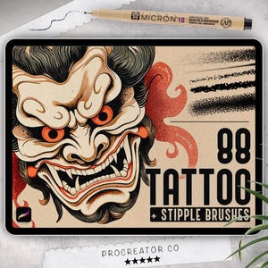 May include: A digital illustration of a Japanese demon face with red eyes and a large mouth. The image is on a tablet screen with the text "88 Tattoo + Stipple Brushes" and "Procreator Co."