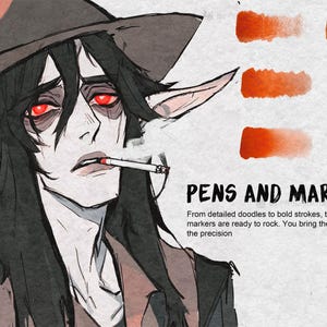 以下が含まれることがあります： 帽子をかぶり、タバコを吸っている、長い黒髪の人のデジタルイラスト。画像には「PENS AND MARKERS」というテキストオーバーレイが添えられており、製品がロックする準備ができていることを示しています。