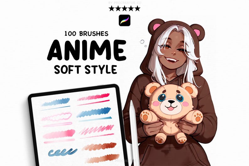 May include: Digital art brushes for Procreate, featuring 100 anime-style brushes. The image shows a tablet displaying brush strokes, a smiling character in a bear hoodie holding a teddy bear, and the text "ANIME SOFT STYLE."