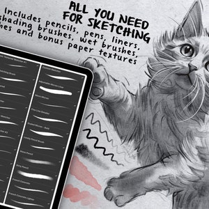 May include: A digital tablet screen displaying a variety of digital brushes for sketching. The text "ALL YOU NEED FOR SKETCHING" is displayed at the top of the screen. The text "markers, shading brushes, wet brushes, blur brushes and bonus paper textures" is displayed on the left side of the screen. The text "Includes pencils, pens, liners" is displayed on the right side of the screen.