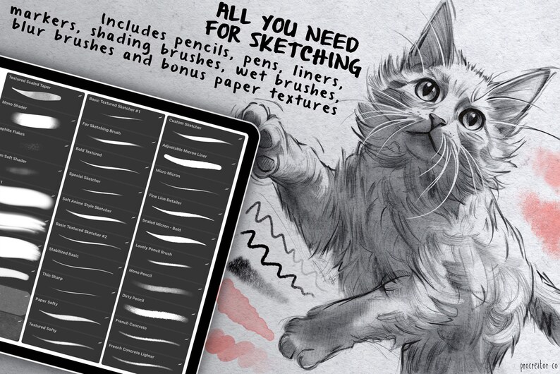 May include: A digital tablet screen displaying a variety of digital brushes for sketching. The text "ALL YOU NEED FOR SKETCHING" is displayed at the top of the screen. The text "markers, shading brushes, wet brushes, blur brushes and bonus paper textures" is displayed on the left side of the screen. The text "Includes pencils, pens, liners" is displayed on the right side of the screen.