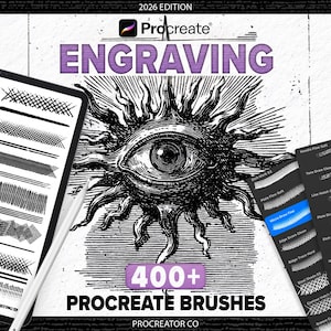 Puede incluir: Suministros de arte digital para Procreate. La imagen muestra una tableta con varios trazos de pincel, un lápiz óptico y un gráfico con un diseño de ojo. El texto dice "ENGRAVING" y "400+ PROCREATE BRUSHES".