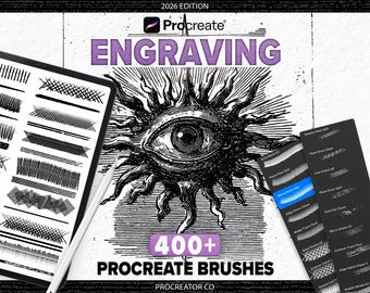 Plus de 400 pinceaux de gravure Procreate | Dessin au trait réaliste, hachures et texture du papier, jeu de pinceaux pour linogravure