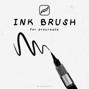 May include: A black ink brush pen with a silver barrel and a black ink stroke on a white background. The text "INK BRUSH for procreate" is written in black above the pen.