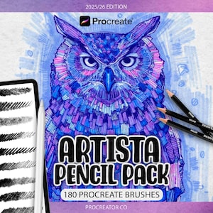 Puede incluir: Ilustración de un búho detallado en tonos azules y morados, con el texto "ARTISTA PENCIL PACK" y "180 PROCREATE BRUSHES". También se ve una tableta con trazos de pincel y lápices.
