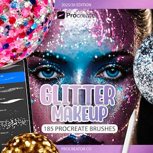 May include: Digital art image promoting Procreate glitter makeup brushes. The image features a person's face with glitter makeup, surrounded by glitter spheres and a tablet displaying brush options. Text reads "Glitter Makeup" and "185 Procreate Brushes."