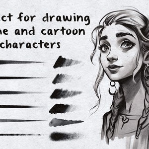 May include: A set of black and white digital brushes for drawing anime and cartoon characters. The brushes are shown in a variety of sizes and shapes, with a gradient of gray tones. The text "Perfect for drawing anime and cartoon characters" is written at the top of the image.