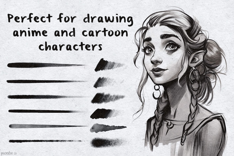 May include: A set of black and white digital brushes for drawing anime and cartoon characters. The brushes are shown in a variety of sizes and shapes, with a gradient of gray tones. The text "Perfect for drawing anime and cartoon characters" is written at the top of the image.