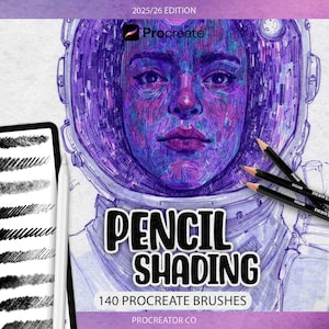 Op de afbeelding: Digitale kunstbenodigdheden voor Procreate. De afbeelding toont een portret van een persoon in een ruimtehelm, met de tekst "PENCIL SHADING" en "140 PROCREATE BRUSHES". Een tablet met penseelstreken en potloden is ook zichtbaar.