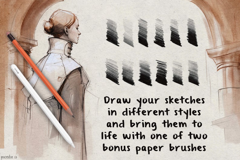 May include: A digital illustration of a woman in a white collared shirt and a brown jacket. The image includes a variety of brush strokes in black and gray, with the text "Draw your sketches in different styles and bring them to life with one of two bonus paper brushes".