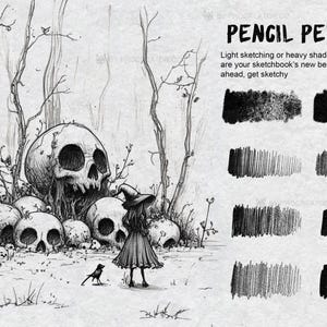 以下が含まれることがあります： 森の中に、骸骨の山の前で立っている魔女の白黒のイラスト。画像の上部に「PENCIL PERFECT」というテキストがあります。「Light sketching or heavy shading, these pencils are your sketchbook's new best friend. Go ahead, get sketchy」というテキストはタイトルの下にあります。