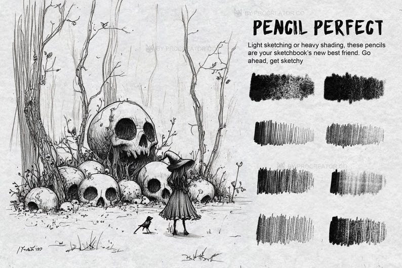 以下が含まれることがあります： 森の中に、骸骨の山の前で立っている魔女の白黒のイラスト。画像の上部に「PENCIL PERFECT」というテキストがあります。「Light sketching or heavy shading, these pencils are your sketchbook's new best friend. Go ahead, get sketchy」というテキストはタイトルの下にあります。