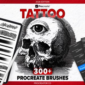 May include: Digital art tools for Procreate, featuring a skull with an eye, and the word "TATTOO" in red. The image includes a tablet displaying brush strokes, and a set of brushes. The text reads "300+ Procreate Brushes".