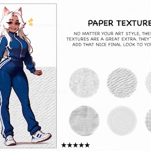 May include: An illustration of a character in a blue tracksuit with white stripes and white sneakers. The image also features six circular paper textures and the text "PAPER TEXTURES". The text says, "NO MATTER YOUR ART STYLE, THESE PAPER TEXTURES ARE A GREAT EXTRA. THEY'LL HELP YOU ADD THAT NICE FINAL LOOK TO YOUR WORK."