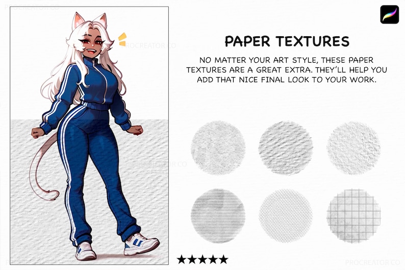 May include: An illustration of a character in a blue tracksuit with white stripes and white sneakers. The image also features six circular paper textures and the text "PAPER TEXTURES". The text says, "NO MATTER YOUR ART STYLE, THESE PAPER TEXTURES ARE A GREAT EXTRA. THEY'LL HELP YOU ADD THAT NICE FINAL LOOK TO YOUR WORK."