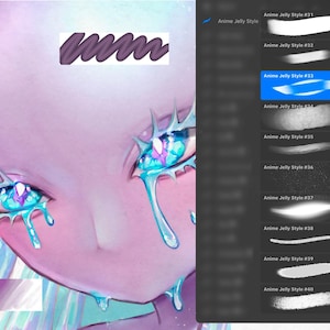 May include: Digital art illustration of a character with large, jewel-like eyes and flowing tears. The color palette is soft, with shades of pink, blue, and purple. The image includes a digital art software interface with brush styles labeled "Anime Jelly Style".