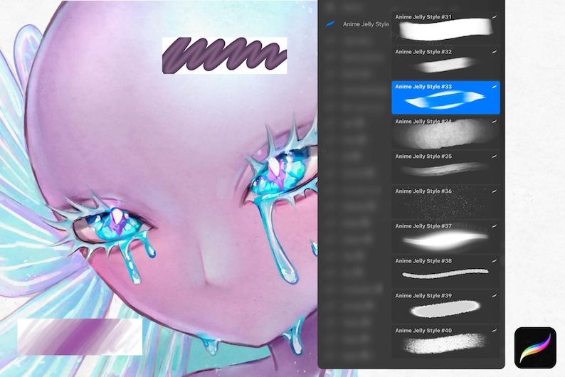 May include: Digital art illustration of a character with large, jewel-like eyes and flowing tears. The color palette is soft, with shades of pink, blue, and purple. The image includes a digital art software interface with brush styles labeled "Anime Jelly Style".