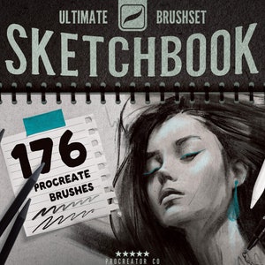 May include: A sketchbook cover with the text "ULTIMATE BRUSHSET SKETCHBOOK" in white text on a black background. A white notepad with the text "176 PROCREATE BRUSHES" in black text is visible. The notepad is on top of a black and white drawing of a woman's face.