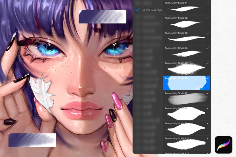 May include: Digital art of a woman with blue eyes and purple hair. The image is split down the middle with different lighting. The woman is holding a white feather and has pink and black nail polish. A digital art brush set is visible on the right.