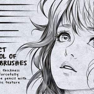 May include: Black and white line art illustration of a woman's face with long hair. The text "PERFECT CONTROL OF LINER BRUSHES" is in the lower left corner. The text "Change the thickness simply by forcefully pressing the pencil with full realistic texture retention" is below the title. The text "procreator.co" is in the lower left corner.