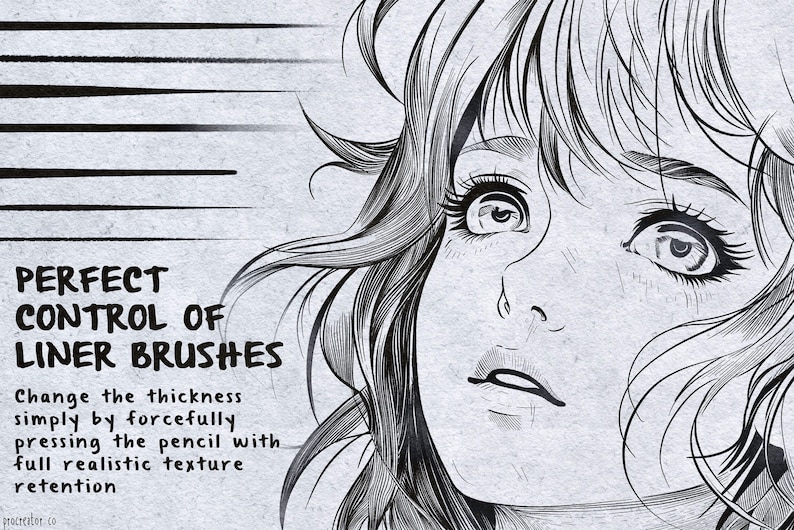 May include: Black and white line art illustration of a woman's face with long hair. The text "PERFECT CONTROL OF LINER BRUSHES" is in the lower left corner. The text "Change the thickness simply by forcefully pressing the pencil with full realistic texture retention" is below the title. The text "procreator.co" is in the lower left corner.