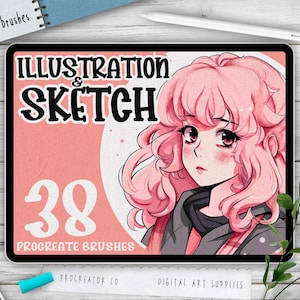 May include: A digital illustration of a pink-haired anime-style girl on a tablet screen. The text on the screen reads "ILLUSTRATION & SKETCH 38 PROCREATE BRUSHES".