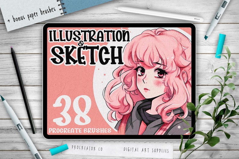 May include: A digital illustration of a pink-haired anime-style girl on a tablet screen. The text on the screen reads "ILLUSTRATION & SKETCH 38 PROCREATE BRUSHES".