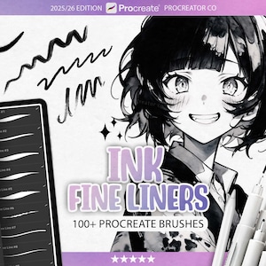 Puede incluir: Ilustración digital con un personaje de estilo anime sonriendo y rotuladores de tinta. La imagen muestra varios trazos de pincel y una tableta que muestra opciones de pinceles. El texto incluye "INK FINE LINERS" y "100+ PROCREATE BRUSHES".