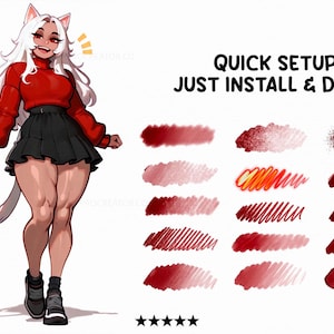 May include: Digital art illustration featuring a cat-eared character in a red sweater and black skirt. The image includes the text "QUICK SETUP JUST INSTALL & DRAW" and examples of brush strokes in shades of red.