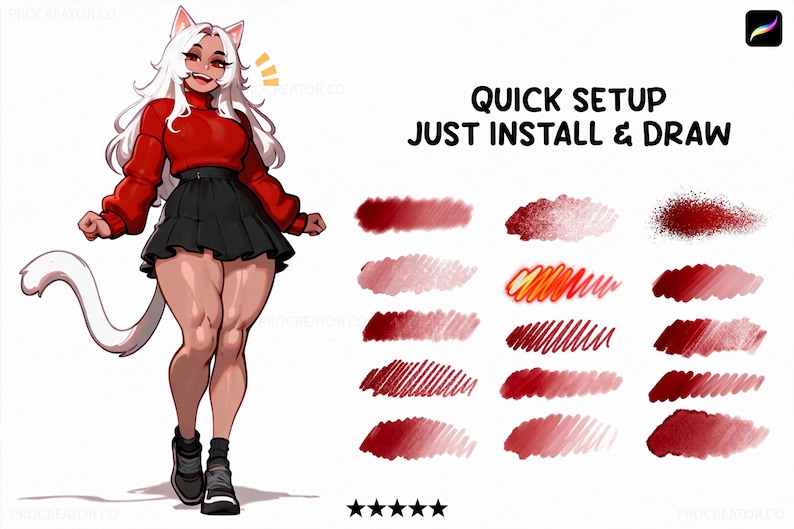 May include: Digital art illustration featuring a cat-eared character in a red sweater and black skirt. The image includes the text "QUICK SETUP JUST INSTALL & DRAW" and examples of brush strokes in shades of red.