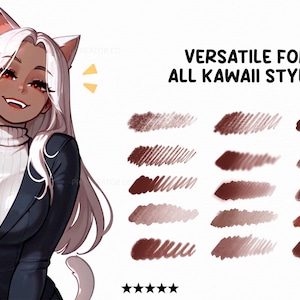 May include: Digital art illustration featuring a smiling anime-style character with white hair and cat ears, wearing a dark blue blazer over a white turtleneck. The text "VERSATILE FOR ALL KAWAII STYLES" is displayed, along with brush stroke examples.
