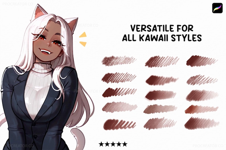 May include: Digital art illustration featuring a smiling anime-style character with white hair and cat ears, wearing a dark blue blazer over a white turtleneck. The text "VERSATILE FOR ALL KAWAII STYLES" is displayed, along with brush stroke examples.