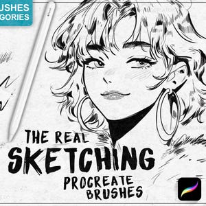 May include: A black and white illustration of a woman's face with a large earring. The text "The Real Sketching Procreate Brushes" is below the illustration. The image is a promotional image for a set of 97 Procreate brushes.