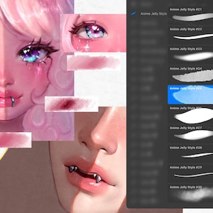 May include: Digital art illustration featuring a split face with anime-style features, including pink hair, eyes, and lips with fangs. The image also shows brush strokes and a digital art program interface with the text "Anime Jelly Style".