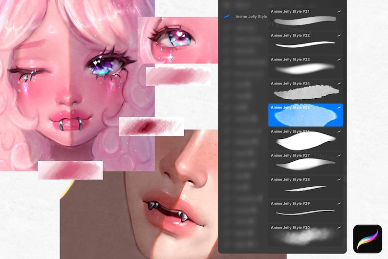 May include: Digital art illustration featuring a split face with anime-style features, including pink hair, eyes, and lips with fangs. The image also shows brush strokes and a digital art program interface with the text "Anime Jelly Style".