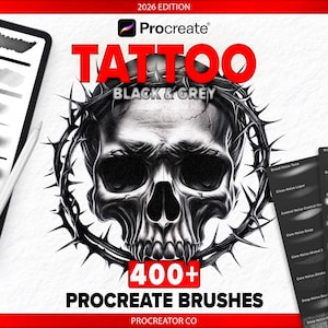 Könnte beinhalten: Digitale Kunstpinsel für Procreate, mit einem Totenkopf-Design und dem Text "Tattoo Black & Grey" und "400+ Procreate Brushes". Enthält ein Tablet mit Zeichnungsbeispielen und einen Stift.