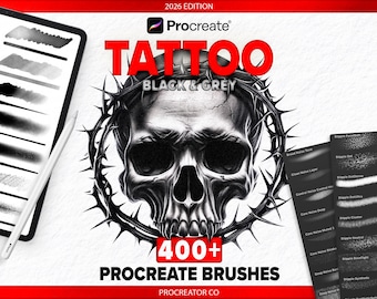 Pinceaux Procreate - Tatouage Noir et Gris | Plus de 400 pinceaux pour des lignes nettes, des ombrages lisses, des pointillés et de la texture