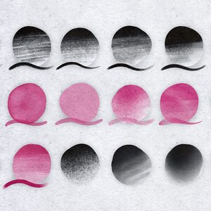 May include: A series of 18 circles showing different blending techniques for digital art. The circles are in black, gray, and pink shades. The circles are arranged in three rows of six circles each.