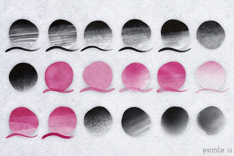 May include: A series of 18 circles showing different blending techniques for digital art. The circles are in black, gray, and pink shades. The circles are arranged in three rows of six circles each.