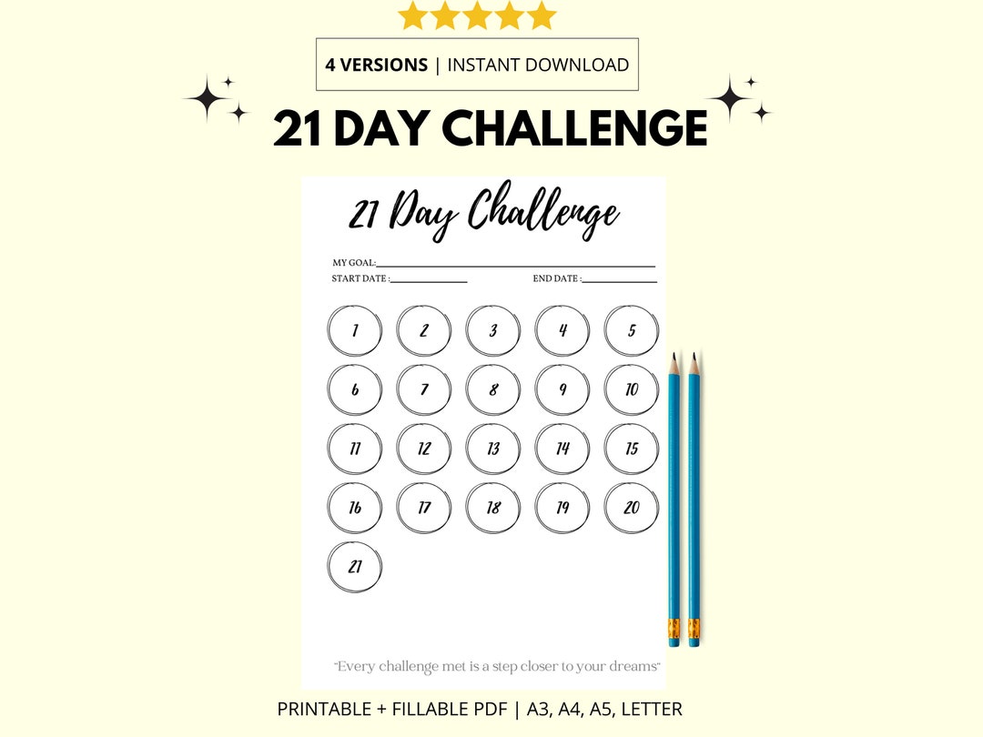 21 Day Challenge Printable Portrait, Goal Setting, Progress Tracker ...