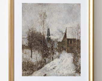 Winter Village Scene Print: Snowy Countryside Landscape (Digital Download)