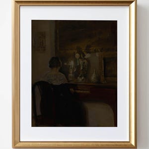 Vintage Woman at Piano Painting: Antique Portrait Art (Digital Download, JPGs 300 DPI)